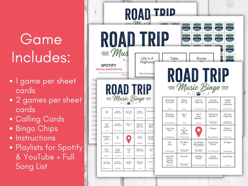 May include: A set of white paper sheets printed with "ROAD TRIP Music Bingo" in navy blue. The game includes calling cards, bingo chips, instructions, and Spotify and YouTube playlists. The game cards feature song titles.