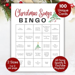 Puede incluir: Una tarjeta de juego de Bingo de canciones navideñas con un diseño festivo. La tarjeta presenta una cuadrícula con títulos de canciones como "White Christmas" y "Rudolph the Red-Nosed Reindeer". Incluye 100 tarjetas únicas y 60 listas de reproducción de Spotify y YouTube.