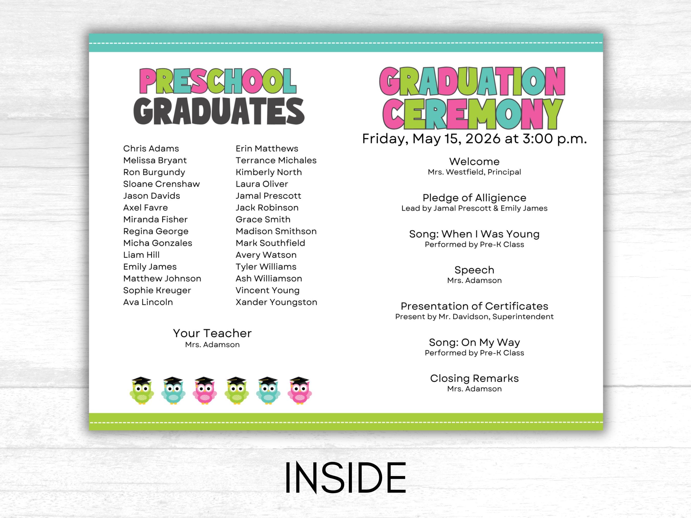 Preschool Graduation Program Template, Graduation Program for Preschool ...