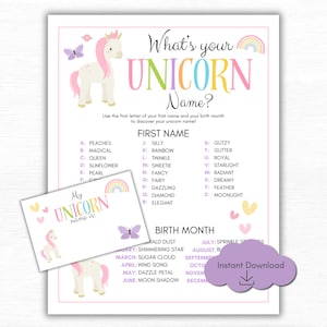 What is your Unicorn Name Game, Unicorn Birthday Game, Unicorn Party Printable, Unicorn Rainbow Birthday, Party Sign and Name Tags