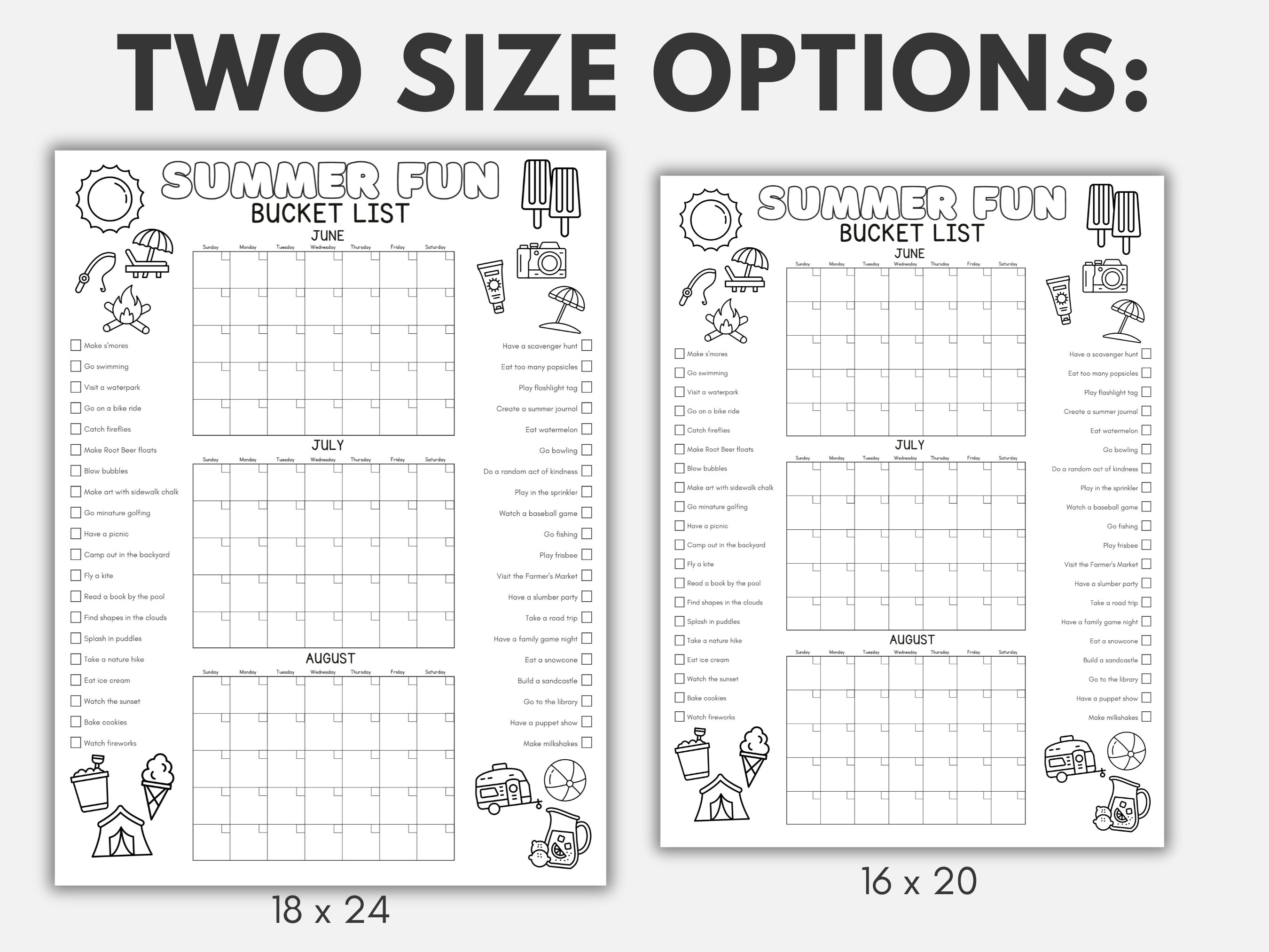 Printable Summer Calendar Poster, Summer Bucket List, Summer of Fun