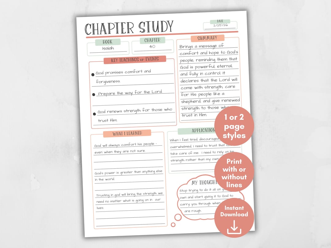 Bible Chapter Study Guide, Printable Worksheet for Chapter Summary for ...