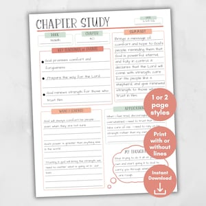 Bibelkapitel Studienführer, druckbares Arbeitsblatt für die Kapitelzusammenfassung für spirituelle Meditation, Bibelstudienwerkzeug, Bibelstudienjournal