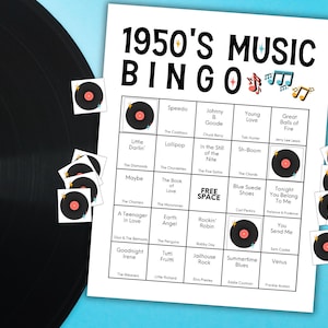 Bingo z muzyką lat 50., gra muzyczna Golden Oldies, gra imprezowa retro, bingo z klasycznymi piosenkami, gra w bingo z lat 50., 200 kart bingo, bingo z muzyką sock hop zdjęcie 8