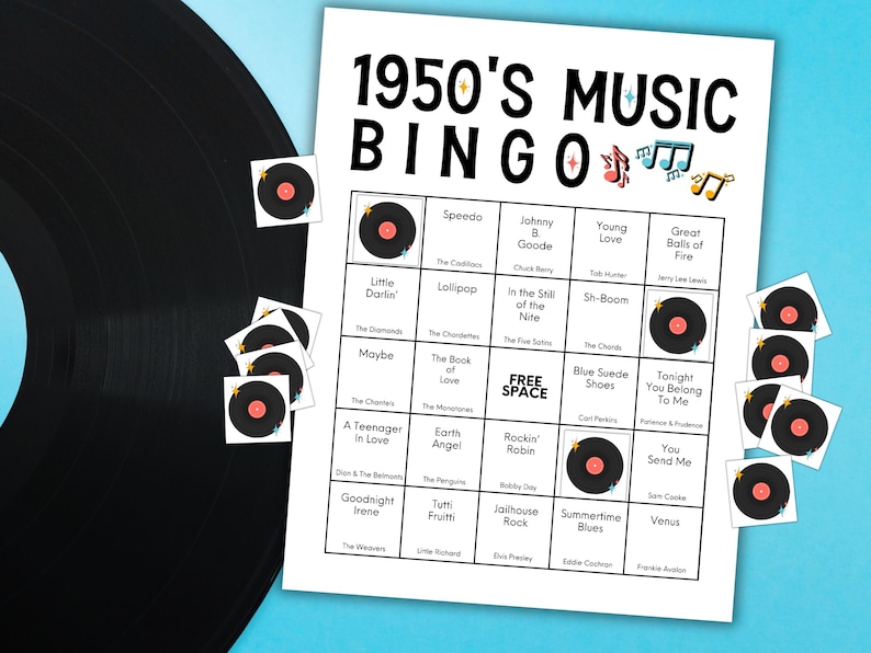 Bingo z muzyką lat 50., gra muzyczna Golden Oldies, gra imprezowa retro, bingo z klasycznymi piosenkami, gra w bingo z lat 50., 200 kart bingo, bingo z muzyką sock hop zdjęcie 8