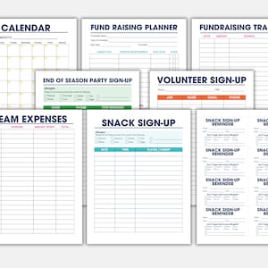 May include: A set of printable team management and fundraising forms. The forms include a calendar, a fund raising planner, a fundraising tracker, a team expenses sheet, a snack sign-up sheet, a volunteer sign-up sheet, and an end of season party sign-up sheet.