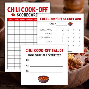 Chili Cook-Off Ballots, Chili Cook-off Score Cards, Chili Competition Ranking Cards, Printable Chili Ballots, Chili Cook-Off Scorecard