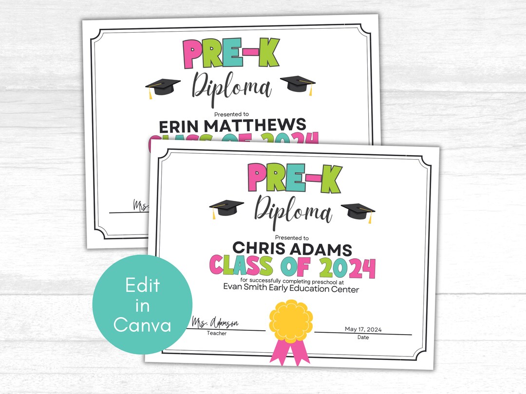 Pre-k Diploma Template, Pre-k Graduation, Printable Prek Graduation