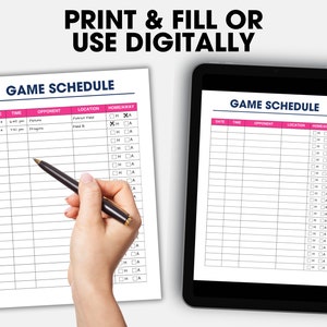 May include: A printable or digital game schedule template with columns for date, time, opponent, location, and home or away. The template is filled out with a few sample entries.