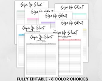 Editable Sign Up Sheet, Printable Sign Up Form, Sign Up List, Event Sign Up Sheet, Sign Up Template