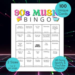 90s Music Bingo, 1990s Bingo Cards, 90s Party Game, 90s Music Spotify Playlist, 90s Songs Bingo, Printable 90s Bingo Game, 1990s Bingo