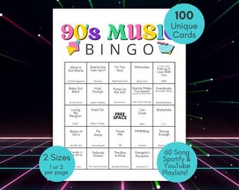 90s Music Bingo, 1990s Bingo Cards, 90s Party Game, 90s Music Spotify Playlist, 90s Songs Bingo, Printable 90s Bingo Game, 1990s Bingo