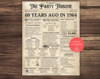 1964 Birthday Poster, 60th Birthday Newspaper, 1964 Newspaper Sign, 60th Birthday Decoration, 60th Birthday Gift, Printable Poster