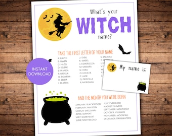 ¿Cuál es tu juego de nombres de brujas, juegos de fiestas de Halloween, juego de nombres de brujas de Halloween, decoración de fiestas de brujas, fiesta de Halloween imprimible, niños y adultos?
