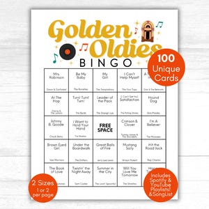 May include: A white bingo card titled "Golden Oldies BINGO" with a jukebox graphic. The card features 100 unique cards, song titles, and the text "Includes Spotify & YouTube Playlists! & SongList".