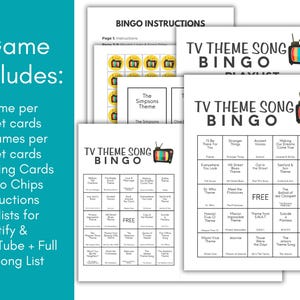 May include: A TV theme song bingo game set with multiple game cards, calling cards, bingo chips, and instructions. The game includes playlists for Spotify and YouTube, plus a 60-song list. The game cards feature a retro TV graphic.