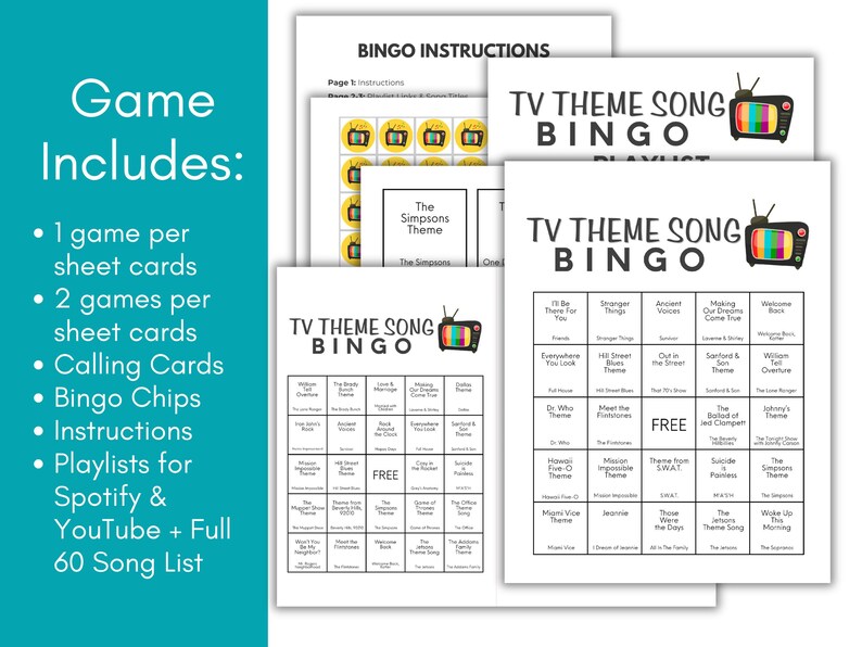 May include: A TV theme song bingo game set with multiple game cards, calling cards, bingo chips, and instructions. The game includes playlists for Spotify and YouTube, plus a 60-song list. The game cards feature a retro TV graphic.