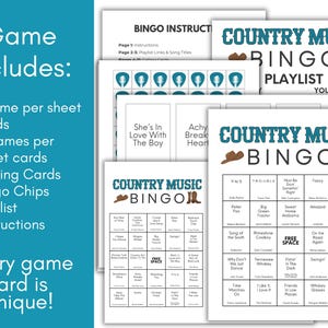 Puede incluir: Un juego de bingo de m&uacute;sica country imprimible con dos tarjetas de juego, tarjetas de llamada, fichas de bingo, una lista de reproducci&oacute;n e instrucciones. Las tarjetas de juego presentan un tema de m&uacute;sica country con botas y un sombrero de vaquero. Las tarjetas de juego tienen un espacio libre y 24 casillas con t&iacute;tulos de canciones de m&uacute;sica country.