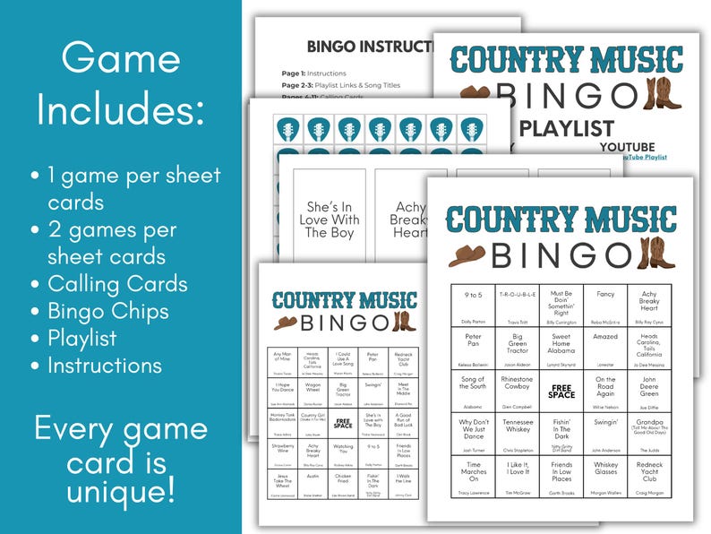 Puede incluir: Un juego de bingo de m&uacute;sica country imprimible con dos tarjetas de juego, tarjetas de llamada, fichas de bingo, una lista de reproducci&oacute;n e instrucciones. Las tarjetas de juego presentan un tema de m&uacute;sica country con botas y un sombrero de vaquero. Las tarjetas de juego tienen un espacio libre y 24 casillas con t&iacute;tulos de canciones de m&uacute;sica country.