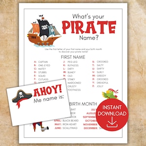 What&#39;s Your Pirate Name Game with Sign and Name Tags, Pirate Birthday Game, Pirate Party Game, Pirate Birthday Sign, Pirate Name Generator