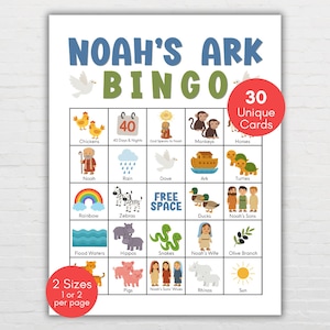May include: A colorful "Noah's Ark Bingo" game card with illustrations of animals, Noah, and other biblical elements. The card features the text "Noah's Ark Bingo" in blue and green, with a red circle indicating "30 Unique Cards".