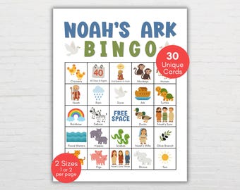 May include: A colorful "Noah's Ark Bingo" game card with illustrations of animals, Noah, and other biblical elements. The card features the text "Noah's Ark Bingo" in blue and green, with a red circle indicating "30 Unique Cards".