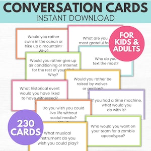 印刷可能な会話カード、会話のきっかけ、家族との会話のきっかけ、アイスブレイクの質問、子供向けの楽しいゲーム、ロードトリップゲーム
