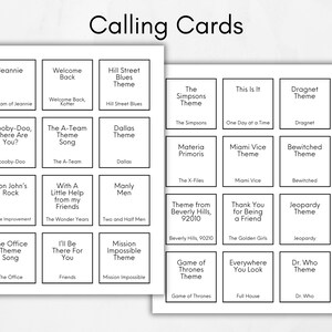 May include: Two sheets of white calling cards with black text. The cards are organized in a grid, each featuring a different TV show theme song title. The top of the image reads "Calling Cards".