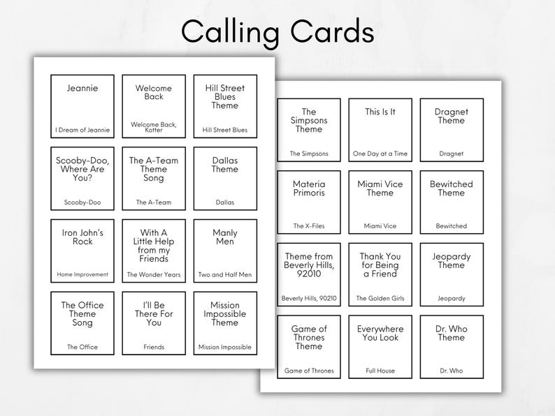 May include: Two sheets of white calling cards with black text. The cards are organized in a grid, each featuring a different TV show theme song title. The top of the image reads "Calling Cards".
