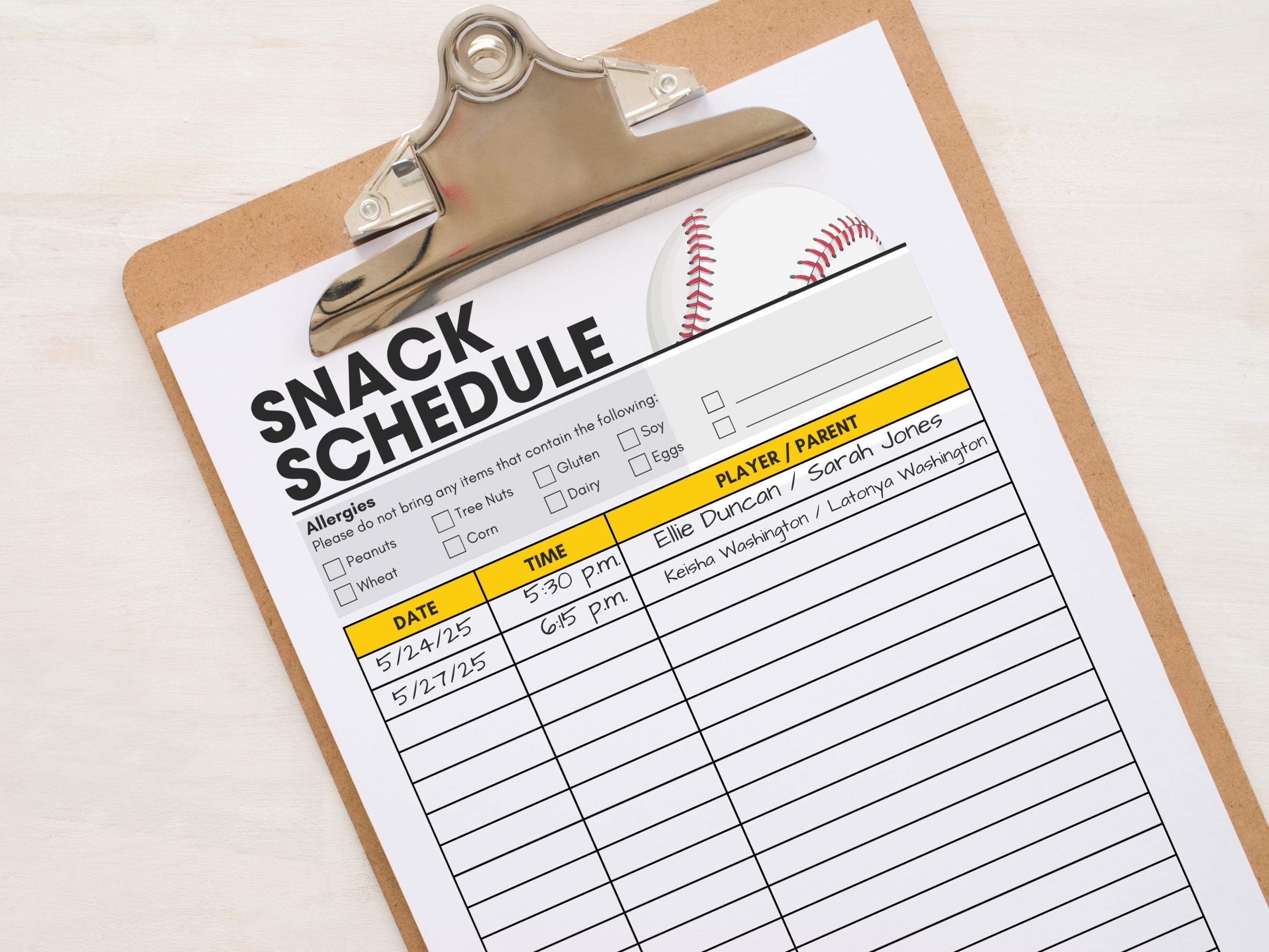 Baseball Snack Schedule, Baseball Snack Signup Sheet, Tball Snack Sign ...