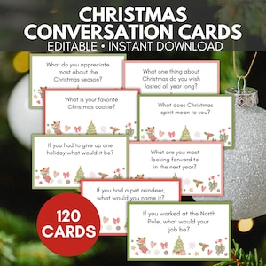 May include: A set of Christmas conversation cards with seasonal illustrations. The cards pose questions about Christmas, with a red circle indicating 120 cards. The text "CHRISTMAS CONVERSATION CARDS" is displayed at the top.