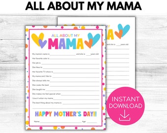 Alles über meine Mama zum ausdrucken, Muttertagsgeschenk, Alles über Mama Andenken, Geschenk vom Kind, Geschenkideen für Mama, druckbare PDF-Datei