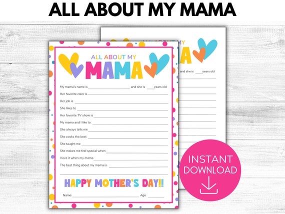 All About My Mama Printable, Mother's Day Gift, All About Mom