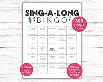300 Cards Sing-a-long Music Bingo, Singalong bingo, Music Bingo cards, Spotify Playlist, Party Bingo, 70s, 80s, 90s Bingo, Party Hits Bingo