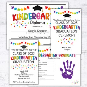 May include: A set of printable cards for a kindergarten graduation ceremony. The cards feature colorful confetti, stars, and a graduation cap. The text on the cards reads "Kindergarten Graduation Ceremony", "You're Invited to the Class of 2025 Kindergarten Graduation", and "Kindergarten Graduate".
