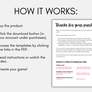 May include: A digital download guide for creating custom bingo cards. The guide includes instructions on how to access the templates, download the files, and edit the cards using Adobe. The guide also includes links to download the templates.