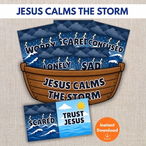 May include: A brown wooden boat graphic containing cards with dark storm clouds, lightning, and waves, labelled with words like WORRY, SCARED, CONFUSED, LONELY, and SAD. A separate card shows a transition from a storm to a sunny sky with the text TRUST JESUS.