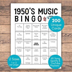 Może przedstawiać: Biały arkusz do gry w bingo muzyczne z lat 50. z czarnym tekstem i tytułami piosenek. Arkusz zawiera 200 unikalnych kart i 60 list odtwarzania Spotify i YouTube. Gra jest dostępna w 2 rozmiarach, 1 lub 2 na stronę.