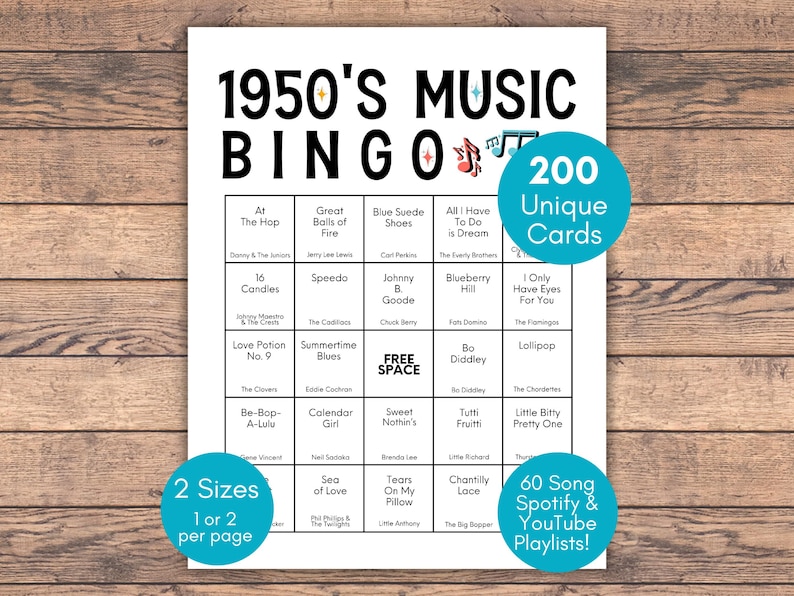Może przedstawiać: Biały arkusz do gry w bingo muzyczne z lat 50. z czarnym tekstem i tytułami piosenek. Arkusz zawiera 200 unikalnych kart i 60 list odtwarzania Spotify i YouTube. Gra jest dostępna w 2 rozmiarach, 1 lub 2 na stronę.