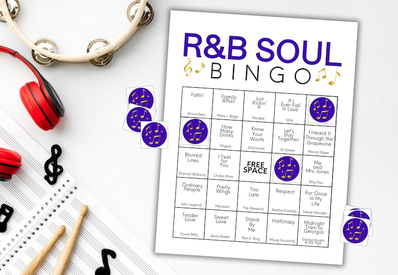 May include: R&B Soul Bingo game with song titles and artist names. Includes purple stickers with musical notes, a red headset, a tambourine, and musical notes on a staff.