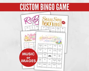 以下が含まれることがあります： さまざまなテーマのカスタムビンゴゲームカードのコレクション。カードには「R&B」、「Sassy Sexy 60 Bingo」、「Adult Brunch & Egg Hunt Music Bingo」などのテキストが表示されています。「Music or Images」と書かれた赤い円も表示されています。
