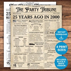 2000 Birthday Newspaper, 2000 Birthday Poster, 25th Anniversary Gift, 2000 Newspaper Sign, 25th Birthday Poster, Born in 200, Back in 2000