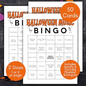 Bingo musical de Halloween, Tarjetas de bingo con éxitos de Halloween, Juegos de Halloween, Lista de reproducción de Halloween, Canciones de Halloween, Bingo musical de octubre, Diversión de Halloween