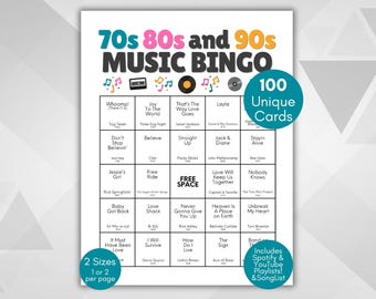 70s 80s 90s Music Bingo, Decades of Hits Bingo, 100 Cards with Playlist, 70s to 90s Bingo, 70s Music Bingo, 80s Music Bingo, 90s Music Bingo