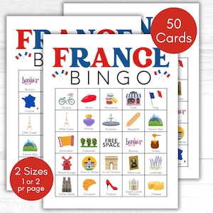 Bingo da França, Jogo para impressão de cartas de bingo da França, Bingo de viagens da França de Paris, Bingo para impressão da França, Bingo de festa francês, Bingo de viagens da França