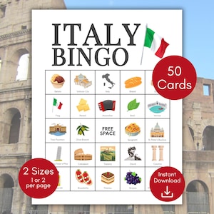 Bingo italiano, idea para fiesta temática italiana, bingo vacacional, tarjetas de bingo para viajes a Italia, bingo italiano, juego de fiesta italiano, actividad italiana