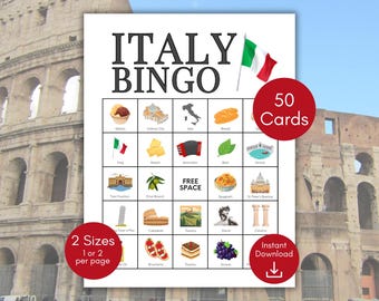 Italy Bingo, Italian Theme Party Idea, Vacation Bingo, Italy Travel Bingo Cards, Italian Bingo, Italy Party Game, Italy Activity