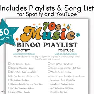 May include: A white sheet of paper with a colorful 70s Music Bingo Playlist design. The playlist includes 60 songs for Spotify and YouTube. The design features a teal star with the number 60 and the words "Songs".