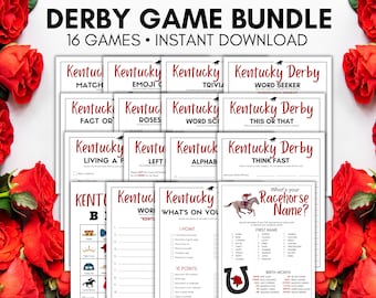 May include: A printable bundle of 16 Kentucky Derby themed games. The games include "Kentucky Derby Word Seeker", "Kentucky Derby This or That", "Kentucky Derby Think Fast", "What's Your Racehorse Name?" and more.