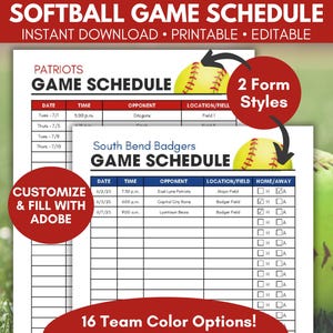 Editable Softball Schedule, Softball Game Schedule Template, Game and Practice Schule, Summer Ball Schedule, Softball Mom, Game Day Planner